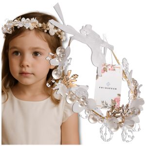 Fehér gyerek fejpánt arany koronával, strasszokkal és gyöngyökkel