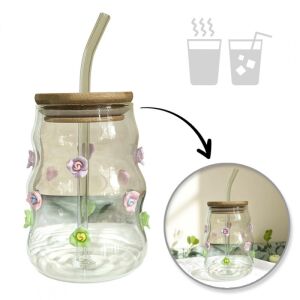 450 ml-es Hullámos Falak Virágos Pohár szívószállal és fedéllel SZK164