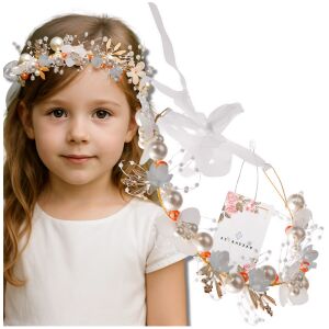 Gyermek arany színű fejpánt fehér koszorúval, strasszokkal és gyöngyökkel