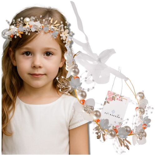 Gyermek arany színű fejpánt fehér koszorúval, strasszokkal és gyöngyökkel 143746469
