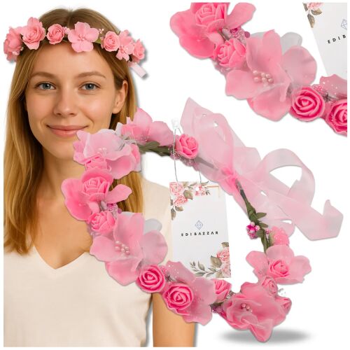 Hajkoszorú rózsaszín rózsákkal bohó stílusban