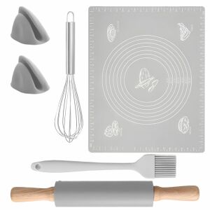 Szilikon nyújtólap konyhai kiegészítőkkel, sodrófával, komplett sütőszett: szilikon nyújtólap, habverő, ecset, sodrófa, edényfogó kesztyű - Nyújtólap
