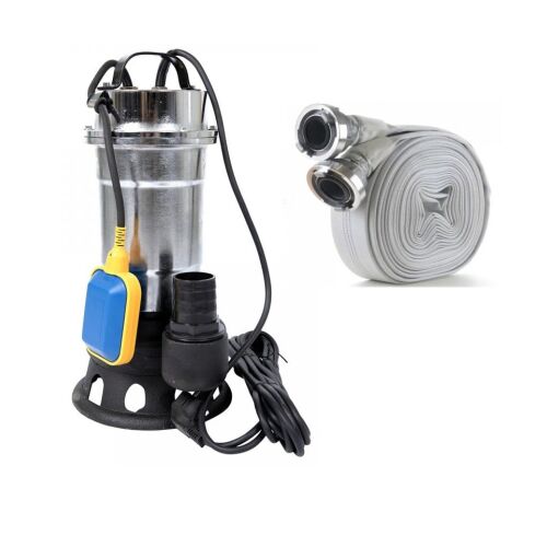 Promóciós csomag Szennyvízszivattyú úszóval és aprító nélkül, DDT, Rozsdamentes acél, SWP2550F, 2550 W, 25 mc/h + Tűzoltótömlő 2'' 20 m, 8 bar, csatlakozókkal