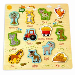 Puzzle 3D din lemn Ferma Animalelor Tonic in limba romana, 12 piese - Puzzle