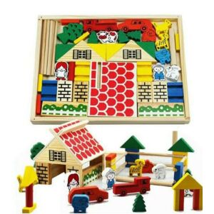 Set cuburi din lemn pentru construcție ferma - blocuri de construcție din lemn cu tematică de fermă asamblate - Jocuri creative și de construcție