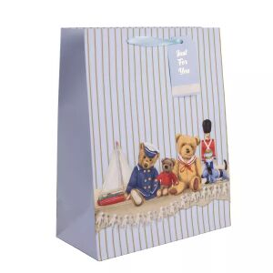 Medvjedić s figuricom orašara poklon vrećica, 26 x 32 cm, prugasti dizajn s medvjedićem i figuricama orašara, ručka s vrpcom - Omot za poklon