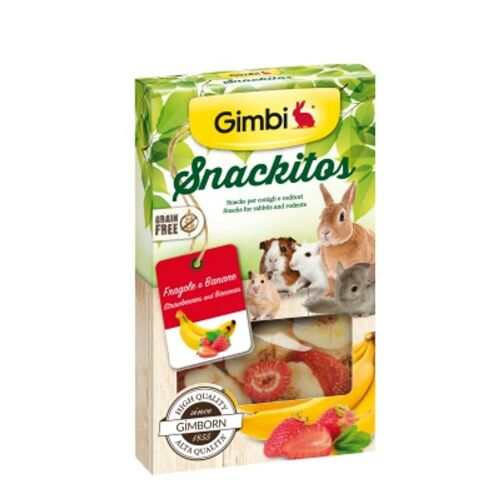 Gimbi Snackitos eper és banán rágcsálóknak, 60g-os csomag, gabonamentes jutalomfalat nyulaknak, tengerimalacoknak, hörcsögöknek és csincsilláknak - Rágcsálóeleség
