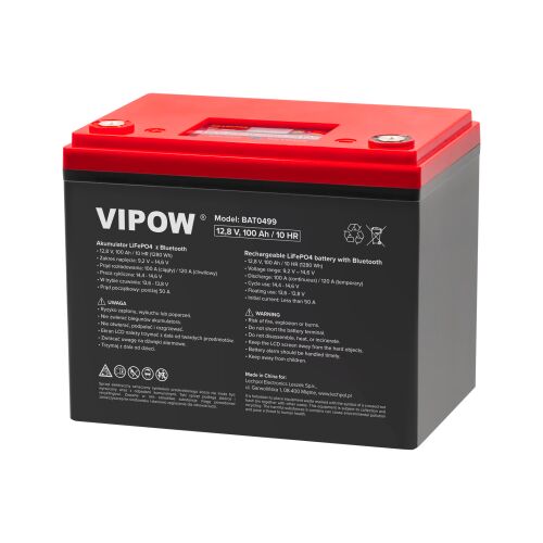 Vipow LiFePO4 12V 100Ah akkumulátor Bluetooth és LCD kijelzővel
