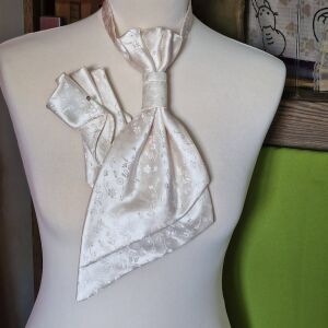 ESKÜVŐ NYD10 - Ekrü színű virág mintás selyem szatén nyakkendő + díszzsebkendő 143863298 - Nyakkendő