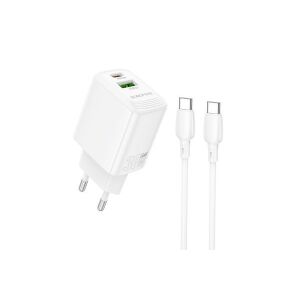 BOROFONE BN29 FUENTE NETWORK SCHNELLLADEGERÄT (USB - TYP-C) QC3.0 + PD 30W MIT TYP-C/TYP-C KABEL WEISS 143880540 - Borofone