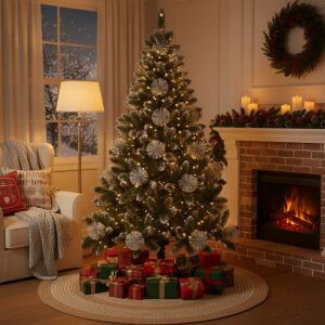 Pepita Silver Havas künstlicher Weihnachtsbaum mit Zapfen, dekoriert in einem Wohnzimmer. - Künstliche Weihnachtsbäume