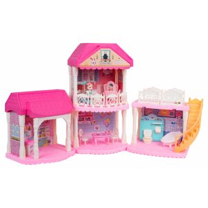 Gyönyörű, nagy, rózsaszín babaház bútorokkal és egy babával