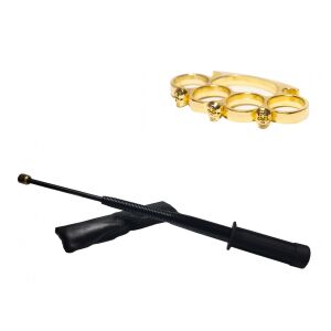 Zestaw czarna elastyczna laska teleskopowa z trzonkiem tonfa 47 cm + złote pudełko na czaszkę 143949539 - Wędka