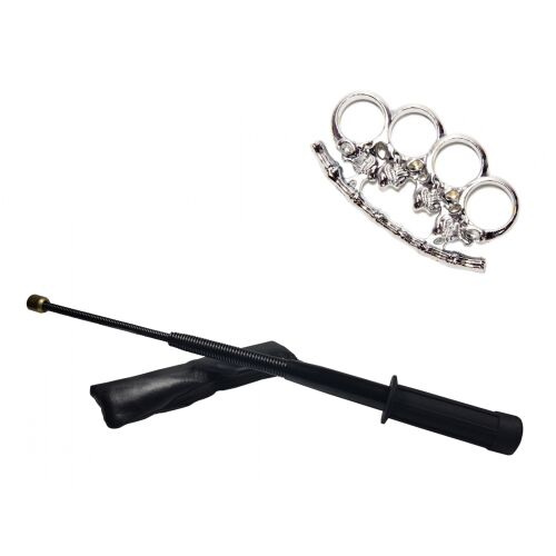 Set aus flexiblem Teleskopschlagstock schwarz Tonfa Griff + Dolch/Box Totenkopf silber 143949556