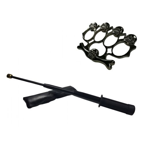 Teleszkópos rugalmas fekete bot szett 47 cm-es tonfa nyél + doboz, fekete koponya rozettával