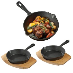 Sada 2 malých liatinových panvíc Navaris s dreveným dnom, 15,3 cm, na varenie, NAV000017YR004C 143949776 - Nádoby na varenie a pečenie