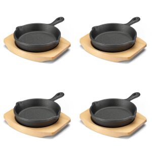 Комплект от 4 малки чугунени тигана Navaris с дървена основа, 10,2 см, 4", 426 г, 60343.03 143950184 - Чугунена тенджера
