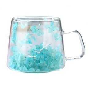 Tasse mit Trockenblumen, doppelwandig, Borosilikatglas, wärmeisolierend, Hortensie, türkis, 100 ml 143950390 - Ecarla