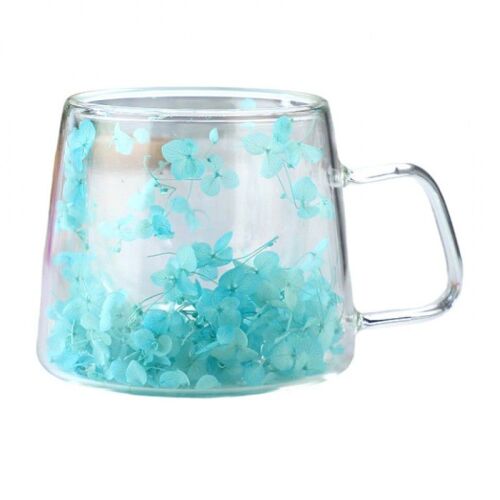 Tasse mit Trockenblumen, doppelwandig, Borosilikatglas, wärmeisolierend, Hortensie, türkis, 100 ml 143950390