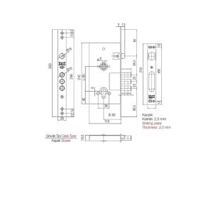 Zapadka do drzwi metalowych na 3 rygle 252R Kale Kilit, doskok 60 mm, rozstaw osi 85 mm