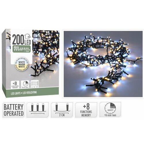 200 LED BOA svjetlosni niz za vanjsku i unutarnju upotrebu, na baterije, hladno-toplo bijela, 8 načina osvjetljenja, upravljanje timerom, 4 m, IP44