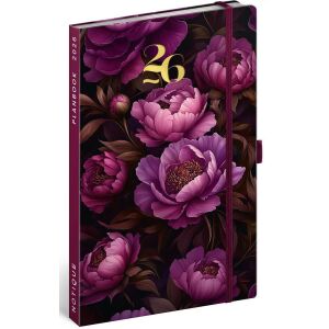 Realsystem design agenda, határidőnapló, 13x21cm, heti tervező, 2026, Purple Flowers 144027298 - Napló