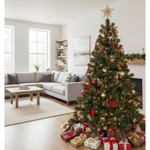 Pepita Kanada Lux Premium 2.5m Brad artificial de Crăciun decorat în sufragerie