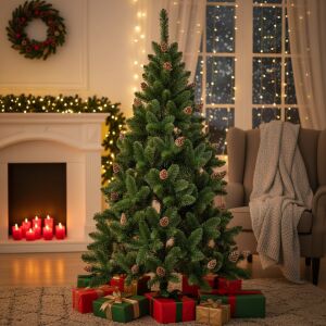 Brad artificial Pepita Premium 1,6 m cu conuri într-un decor de living decorat - Brazi artificiali & brazi de Crăciun