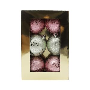 Zöld-rózsaszín foltos karácsonyi gömbök