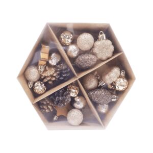 Barna-arany vegyes karácsonyfadíszek (toboz, csillag, mini gömb)