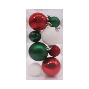 Zöld-fehér-piros karácsonyi gömbök vegyes méretben