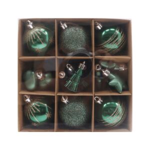 Zöld vegyes karácsonyfadíszek: gömb, csillag, szív, karácsonyfadísz szett