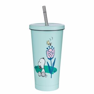PEANUTS fém pohár tetővel és szívószállal 500ml, világoskék 144107270 - Pohár