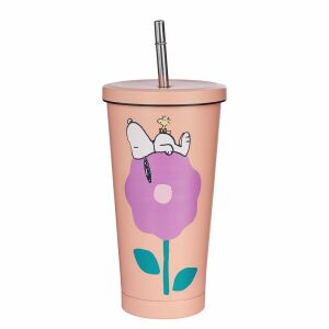 PEANUTS fém pohár tetővel és szívószállal 500ml, barackszín 144107275 - Pohár