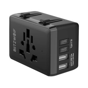BLITZWOLF BW-TA1 utazó töltő 2 USB+2 Type-C aljzat 20W, AU, FEKETE 144107312 - BlitzWolf