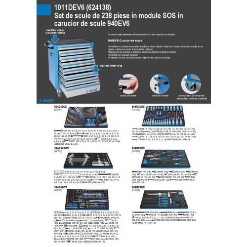 1011DEV6 Zestaw narzędzi 238-elementowy w modułach SOS w wózku narzędziowym 940EV6 - 624138
