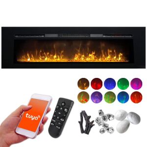 Kominek elektryczny ścienny 3D ElectricSun PAULA DUŻY czarny szkło, naścienny, podłogowy lub wbudowane, z dźwiękiem, 10 kolory, z aplikacją, L183xH45x16cm 144121791 - Kominek elektryczny