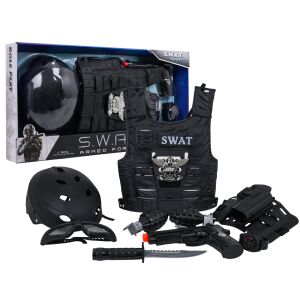 Czarny zestaw policyjny SWAT dla dzieci z kamizelką, hełmem, pistoletem zabawką i akcesoriami - Ramiz Kostium dla dzieci