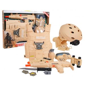 Beżowy zestaw wyposażenia SWAT: Pistolet zabawkowy, hełm, kamizelka, granat - Ramiz Kostium dla dzieci