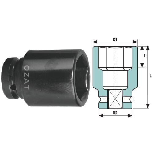 OZAT 1 hüvelykes 6 oldalú mély ütőkulcs fej, 44 mm-es méret diagrammal - Dugókulcs