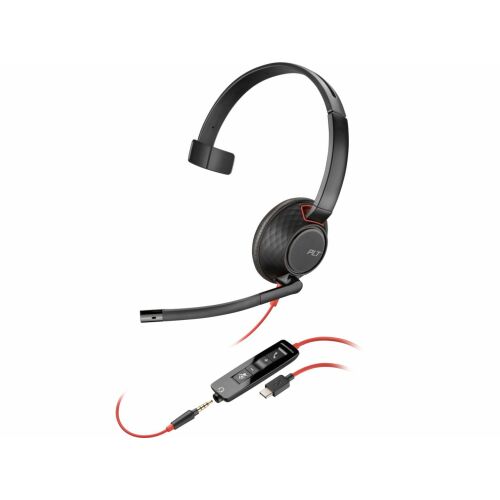 Poly Blackwire 5210 monaurális USB-C headset + 3,5 mm-es csatlakozó + USB-C–USB-A-adapter (csomagban)