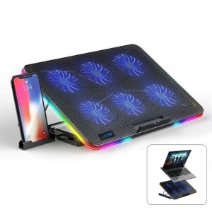 Gaming laptop hűtő, 6 LED RGB ventilátorral, 7 fokozatban állítható, telefontartóval, kompatibilis laptopokkal max. 15,6’’-ig, Clickzu