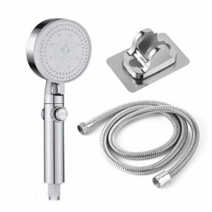 Zuhanykészlet 6 funkcióval: magasnyomású zuhanyrózsa vízleállító gombbal + 1, 5 m-es tömlő + öntapadós tartó, Clickzu