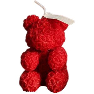 Rózsákkal díszített mackó alakú illatosított dekoratív gyertya, szantálfa és jázminillat, kézzel dolgozott, egyedi design, 143g, természetes szójaviasz, piros, Clickzu