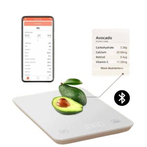 Konyhai mérleg Bluetooth-al és alkalmazással tápanyag elemzéshez, LED kijelzővel, TARA funkcióval, 10 kg kapacitás, fehér, Clickzu