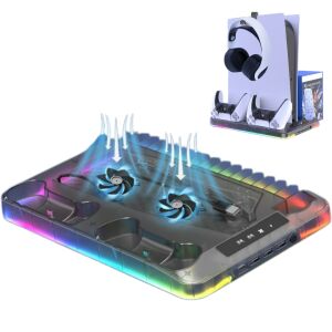 Multifunkciós PS5/PS5 Slim állvány – dupla kontroller töltéssel, RGB világítással, fülhallgató tartóval, hűtő ventilátorokkal, 3 USB porttal, játék lemez- és kiegészítő tárolóval, Clickzu