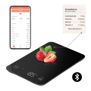 Konyhai mérleg Bluetooth-al és alkalmazással tápanyag elemzéshez, LED kijelzővel, TARA funkcióval, 10 kg kapacitás, fekete, Clickzu