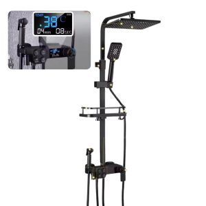 Termosztatikus zuhanyoszlop digitális LED kijelzővel, esőztető fej, bidé spray, kézi zuhany, alsó csap, kozmetikai polc, Clickzu