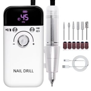 Elektromos körömreszelő, 6 cserélhető fej és 6 reszelö manikűrnek és pedikűrnek, állítható sebesség 45000 RPM-ig, szünet & forgásirány gomb, újratölthető, fehér, Clickzu