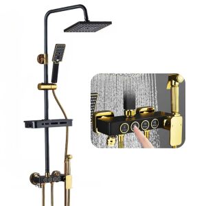 Zuhanyoszlop 4 funkcióval: csaptelep, négyzet alakú esőztető fej, kézi zuhany, bidépisztoly, alsó kifolyó, kiegészítő polc, matt fekete és arany színű, Clickzu